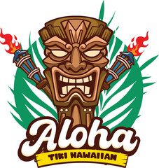Vector Illustration of Tiki Mask with Tropical Leaves © harrisaputra