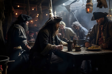 A dimly lit pirate tavern buzzing with rowdy sailors, engaging in drunken revelry, singing sea shanties, and clinking tankards - obrazy, fototapety, plakaty