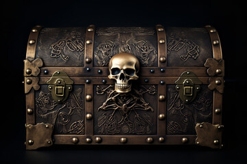 A close-up of a pirate chest featuring an etched skull and crossbones, hinting at the dangerous and...