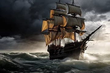 Foto op Plexiglas A pirate ship sails through a violent storm, waves crashing onto the deck as the crew fights to maintain control © Davivd