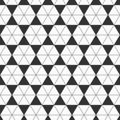 Abstract seamless hexagonal geometric pattern. Triangles grid vector pattern. Vector black and white background.
