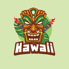 Vector Illustration of Tiki Mask with Tropical Leaves