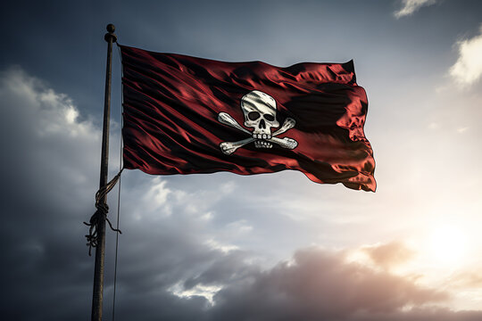  A Jolly Roger flag waves fiercely in the wind, signaling the pirate ship's approach and intent to friend and foe alike