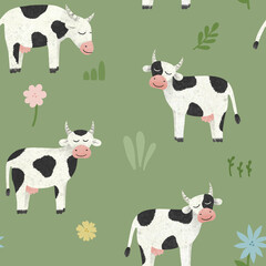 Happy cow seamless pattern. Hand drawn textured farm animals on green grass background. Black and white cows. Endless pasture scenery © Shakhnoza