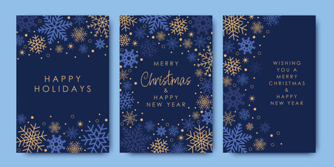 Fototapeta na wymiar Samples of modern decorative art. Merry Christmas and New Year cards and invitations to corporate events. Blue and gold snowflakes and a Christmas star on a blue background. Winter vector illustration