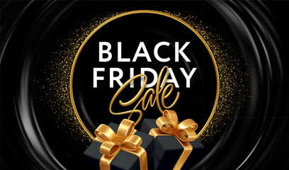 Black Friday Sales Promotional Banner Design. 3d Gifts, Gold Round Frame, Gold Glitter, Black Flow Gradient Background. Vector Illustration