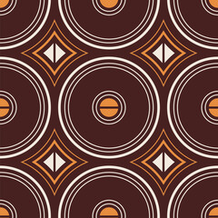 Seamless geometric vector pattern with circles, rhombuses. Vintage pattern design. White, orange, brown colors. Color vector background for textile, fabric, design. Vector illustration.