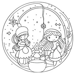 children book cute Christmas theme coloring page with snowfall and tree