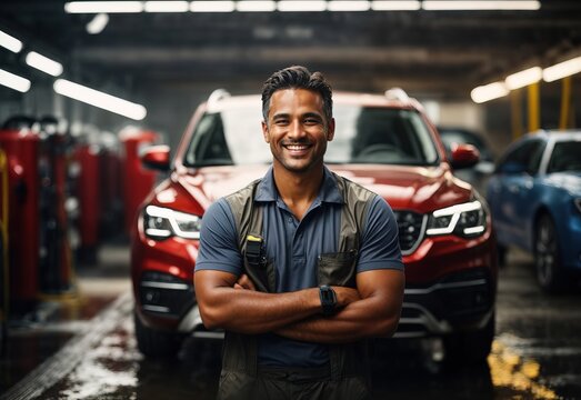 Bussines men car washer smiling wearing washer outfit with car washed in the Background, crossed hand confident 
