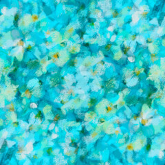 Fototapeta na wymiar Spring blurred delicate floral seamless pattern of transparent layered flowers Blue white yellow shades