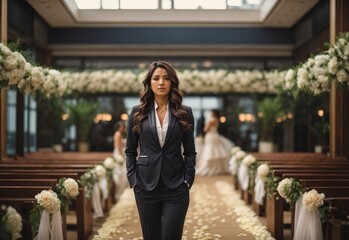Bussines brunette women wedding mc wearing suit outfit with wedding place in the Background