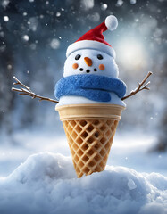 Bonhomme de neige souriant dans un cornet de glace, humour de Noël drôle et insolite - IA générative - obrazy, fototapety, plakaty