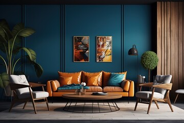 Living area in home or apartment on dark blue wall decorate - Relax area in Coffee shop or restaurant