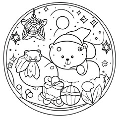 children book cute Christmas theme coloring page with snowfall and tree