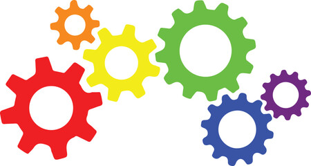 A mechanical system consisting of various gears with rainbow colors on a white background