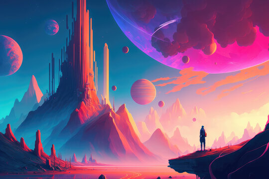 Space landscapes and planets in purple color