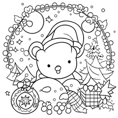 children book cute Christmas theme coloring page with snowfall and tree