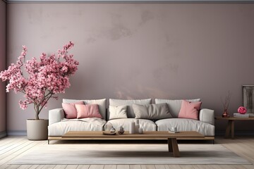 Modern interior design, in a spacious room, next to a table with flowers against a gray wall. Bright, spacious room with a comfortable sofa, plants and elegant