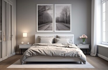 Photograph of a beautiful bedroom with wood floors and gray walls, design concept