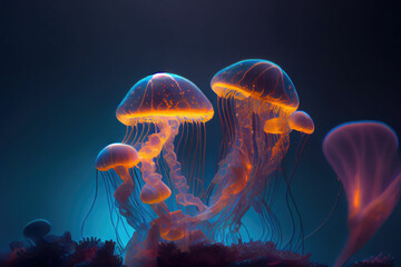 Fototapeta premium Many jellyfish swimming in dark ocean.