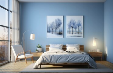 Photograph of a beautiful bedroom with wood floors and blue walls, design concept