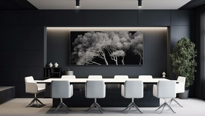 office interior in white colors, desk and chairs, in the style of modern interior photograph, dark grey and black