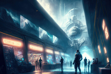 A futuristic spaceport with shops and spaceships