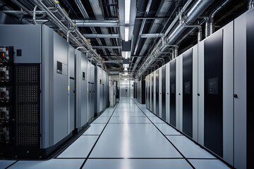 An industrial backup power generator stands ready to maintain operations in a large-scale data center during outages - obrazy, fototapety, plakaty