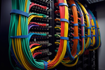 A close-up shot showing excellent cable management in a server room, organized and labeled for easy maintenance