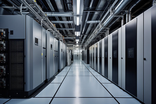 An industrial backup power generator stands ready to maintain operations in a large-scale data center during outages
