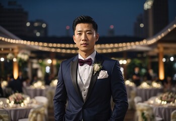 Bussines asian men wedding groom wearing suit outfit with wedding place in the Background