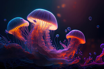 Fototapeta na wymiar Many jellyfish swimming in dark ocean.