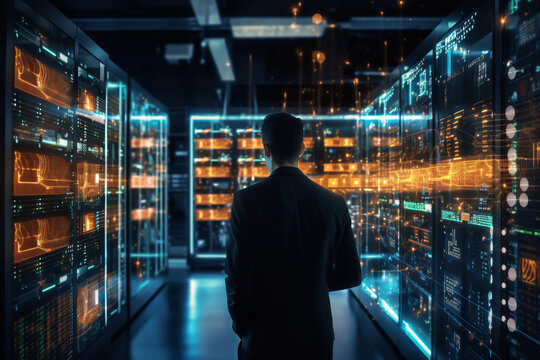 A dual monitor setup displays real-time data analytics in a server room, providing critical information for decision-making