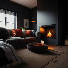 Interior design of cozy living room with fireplace and sofa