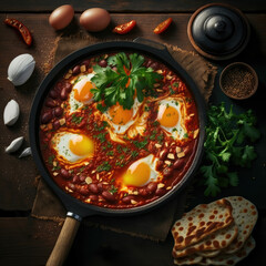 A turkish-style breakfast of shakshuka veggies and fried eggs in a black frying pan - obrazy, fototapety, plakaty