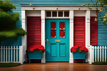 exterior look of furnished home with interior look of home in blue red color with front door and design of front home 