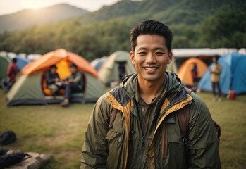 Bussines asian men camping smiling wearing camping outfit with camping place in the Background, crossed hand confident