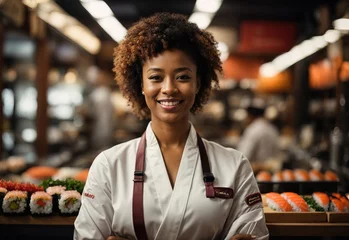 Fotobehang Bussines afro women sushi master smiling wearing chef outfit with sushi store in the Background, crossed hand confident © PeopleWorker