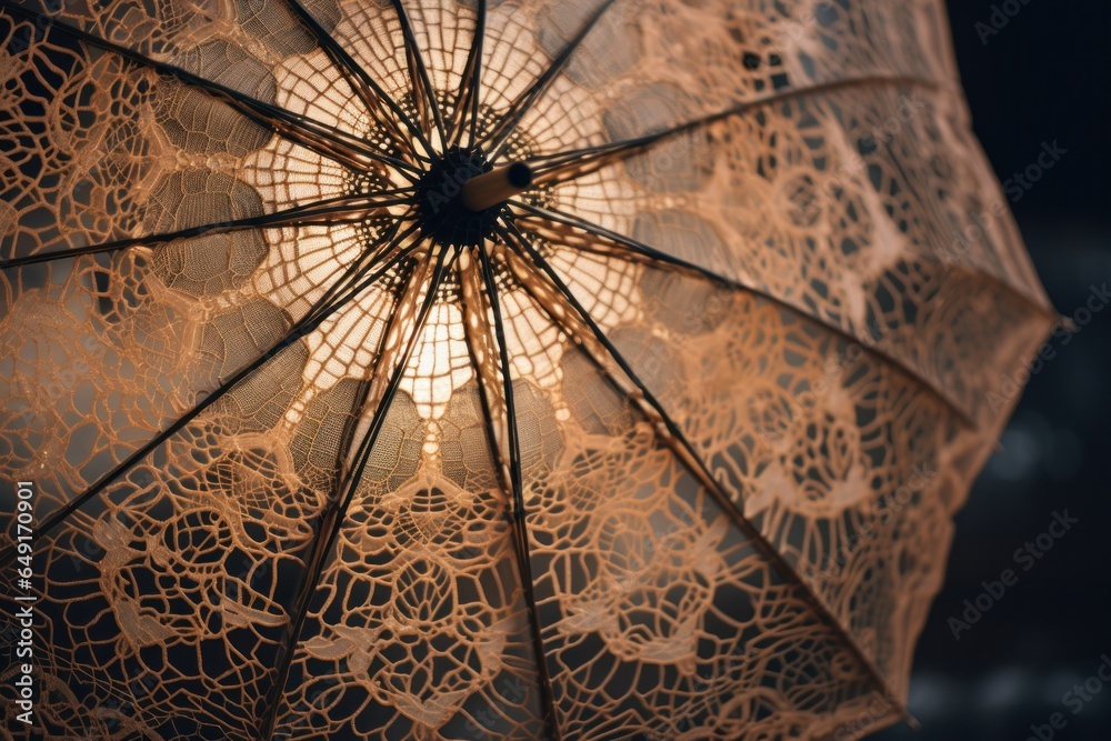 Poster A close-up image of an umbrella with a beautiful light shining through it. This picture can be used to depict protection, hope, or a unique perspective.