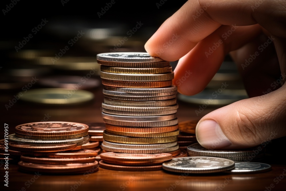 Poster a person carefully places a coin on top of a stack of coins. this image captures the concept of buil