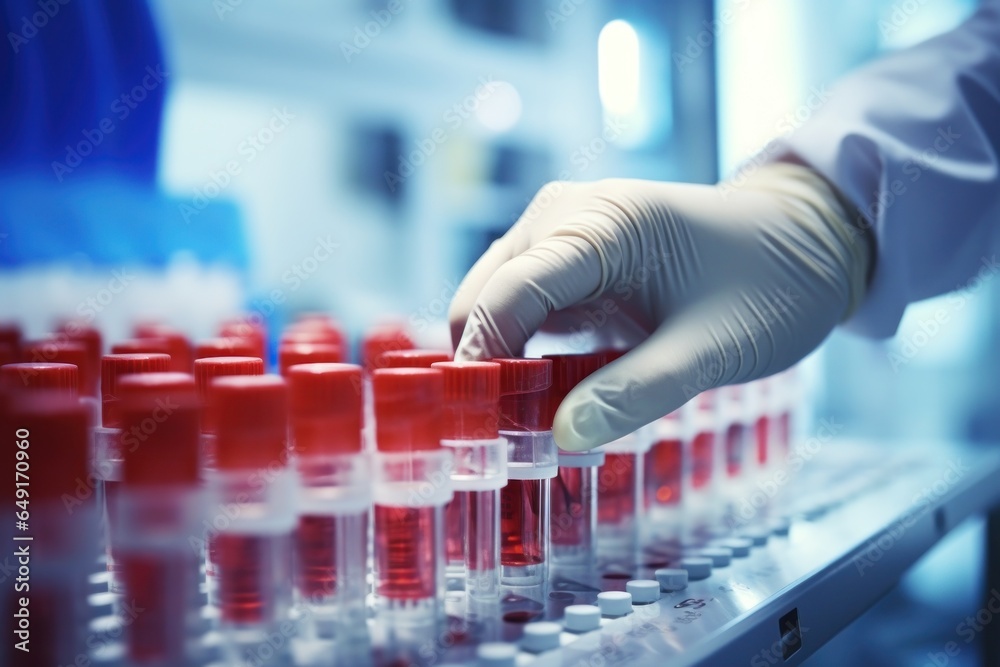Aufkleber a lab technician in a lab coat and gloves is carefully placing a vial into a row of test tubes. this