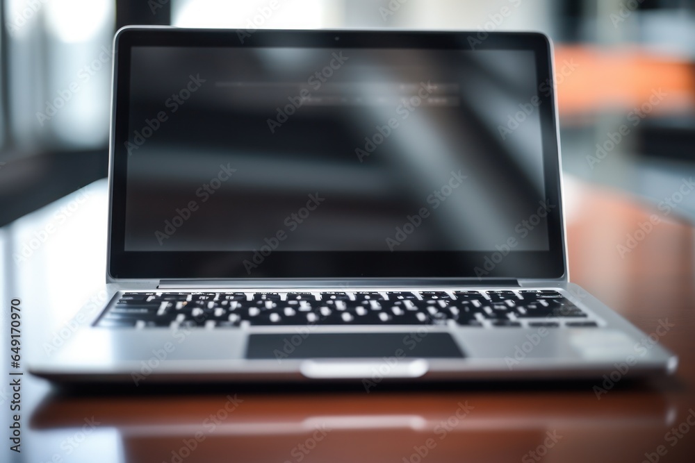 Poster A laptop computer placed on a wooden table. This versatile image can be used to represent technology, work, productivity, or online communication.