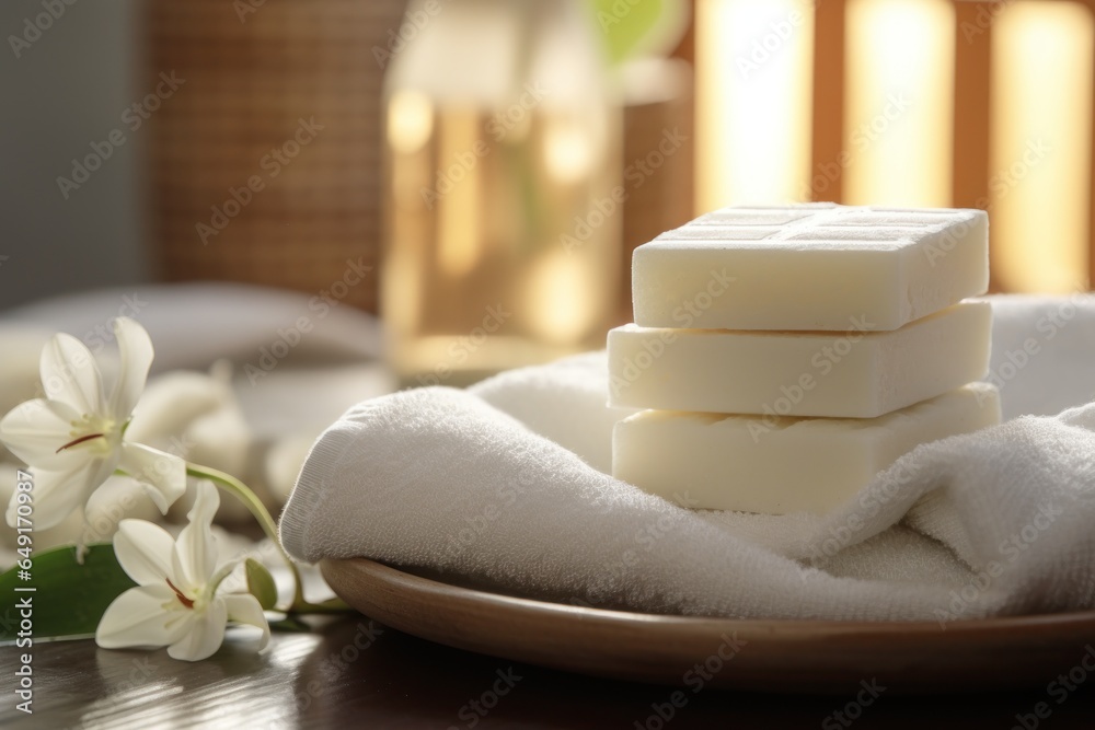 Poster a stack of soap bars sitting on top of a plate. this image can be used to showcase hygiene, cleanlin