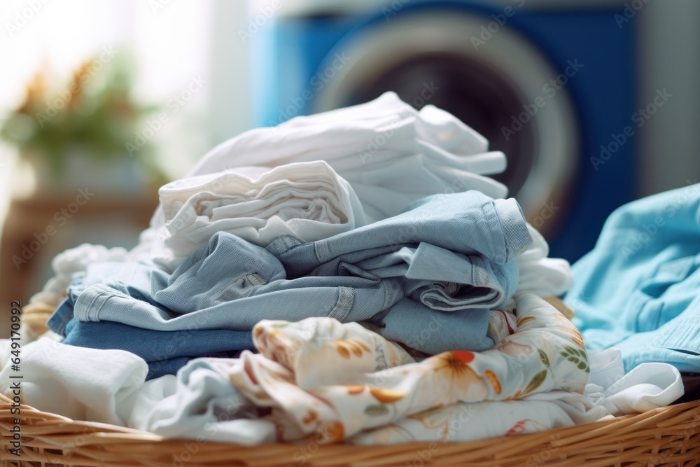 Poster a basket filled with clothes is placed on top of a table. this image can be used to depict laundry, 
