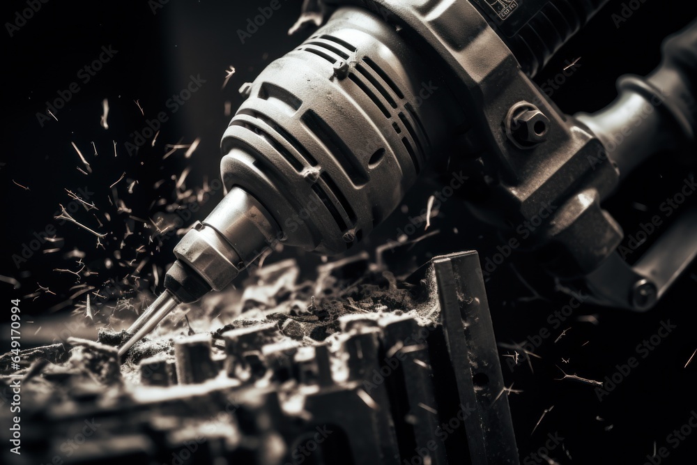 Aufkleber a close-up view of a machine cutting a piece of wood. this image can be used to showcase woodworking