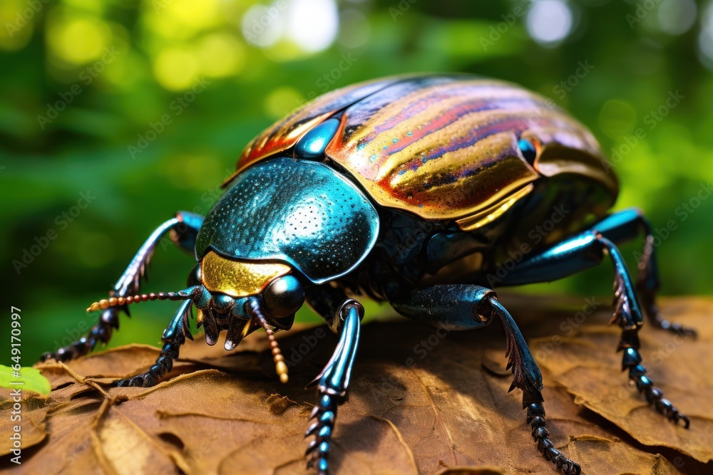 Aufkleber A detailed close-up photograph of a beetle resting on a leaf. This image captures the intricate patterns and colors of the beetle's body. Perfect for nature enthusiasts or educational materials about 