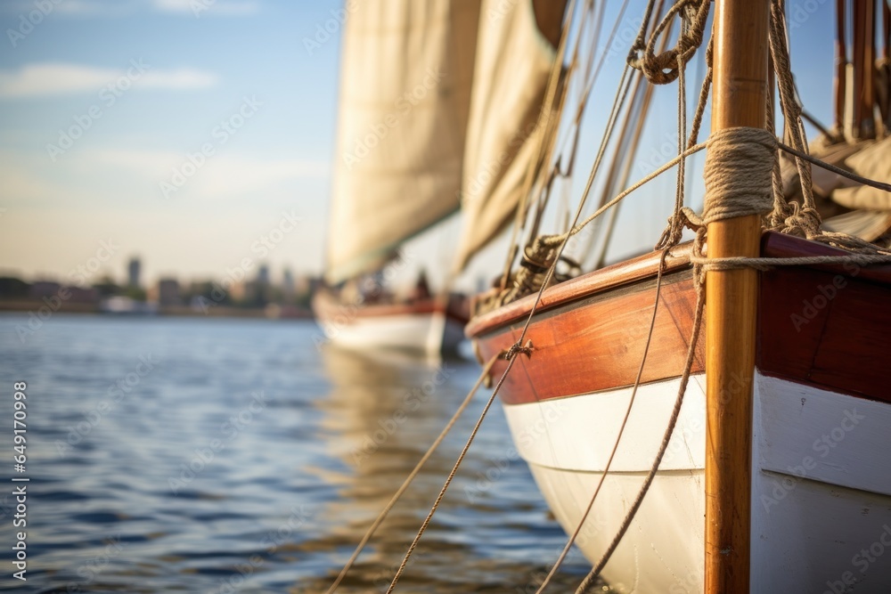 Poster a sailboat is docked in a body of water. this image can be used to depict a peaceful coastal scene o