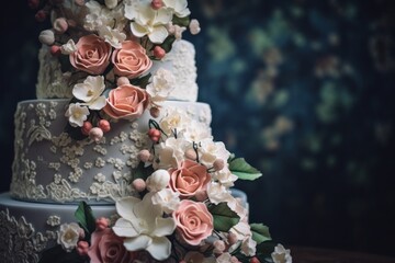 Obraz na płótnie Canvas A beautifully decorated three tiered wedding cake with elegant flowers on top. Perfect for wedding themes and celebrations.