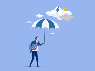 Wealth protection, insurance or financial security to survive in market downturn, protect retirement pension fund or safety guard concept, businessman holding strong umbrella to protect piggybank.