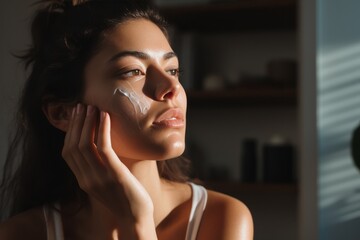A woman is shown applying cream to her face. This image can be used to depict skincare routines, beauty regimens, or self-care practices.